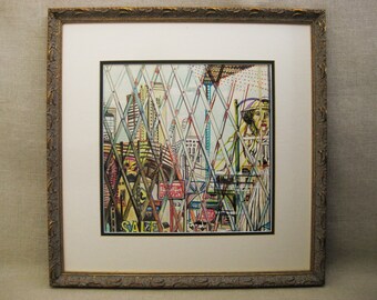 Surreal Drawing Pen and Ink Original, Vintage Framed Wall Art Contemporary Home Décor