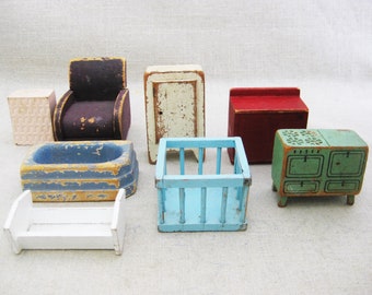 Vintage Wooden Dollhouse Furniture Mid-Century Doll Miniatures Rustic Nursery Décor