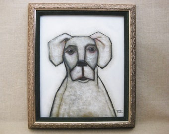 Dog Portrait Painting Original Fine Art Framed Animal Wall Décor in Vintage Silver Tone Wood Frame