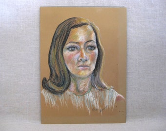 Mid-Century Vintage Female Portrait Drawing Original Fine Wall Art Home Décor