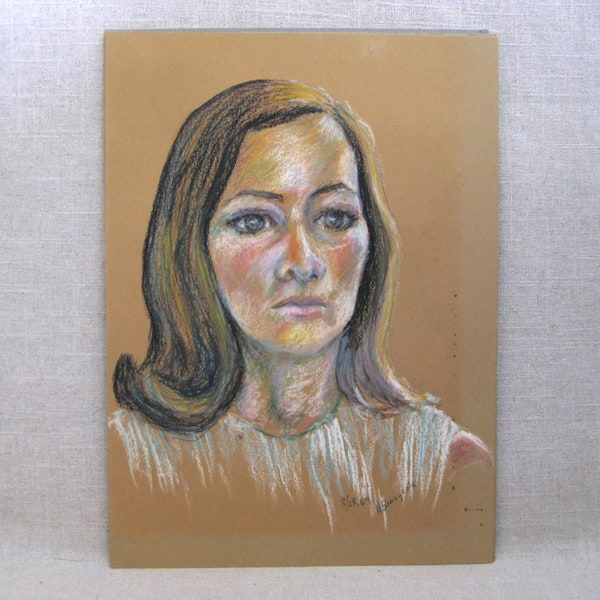 Mid-Century Vintage Female Portrait Drawing Original Fine Wall Art Home Décor