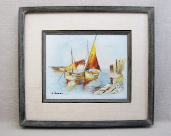Vintage Seaside Landscape Sailboat Painting Framed Nautical and Coastal Original Fine Art Beach House Décor