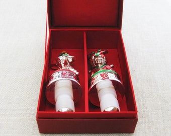 Wine Bottle Stoppers, Pair Boxed Gift Set, Vintage Christmas Holiday Barware, Neiman Marcus In Original Box