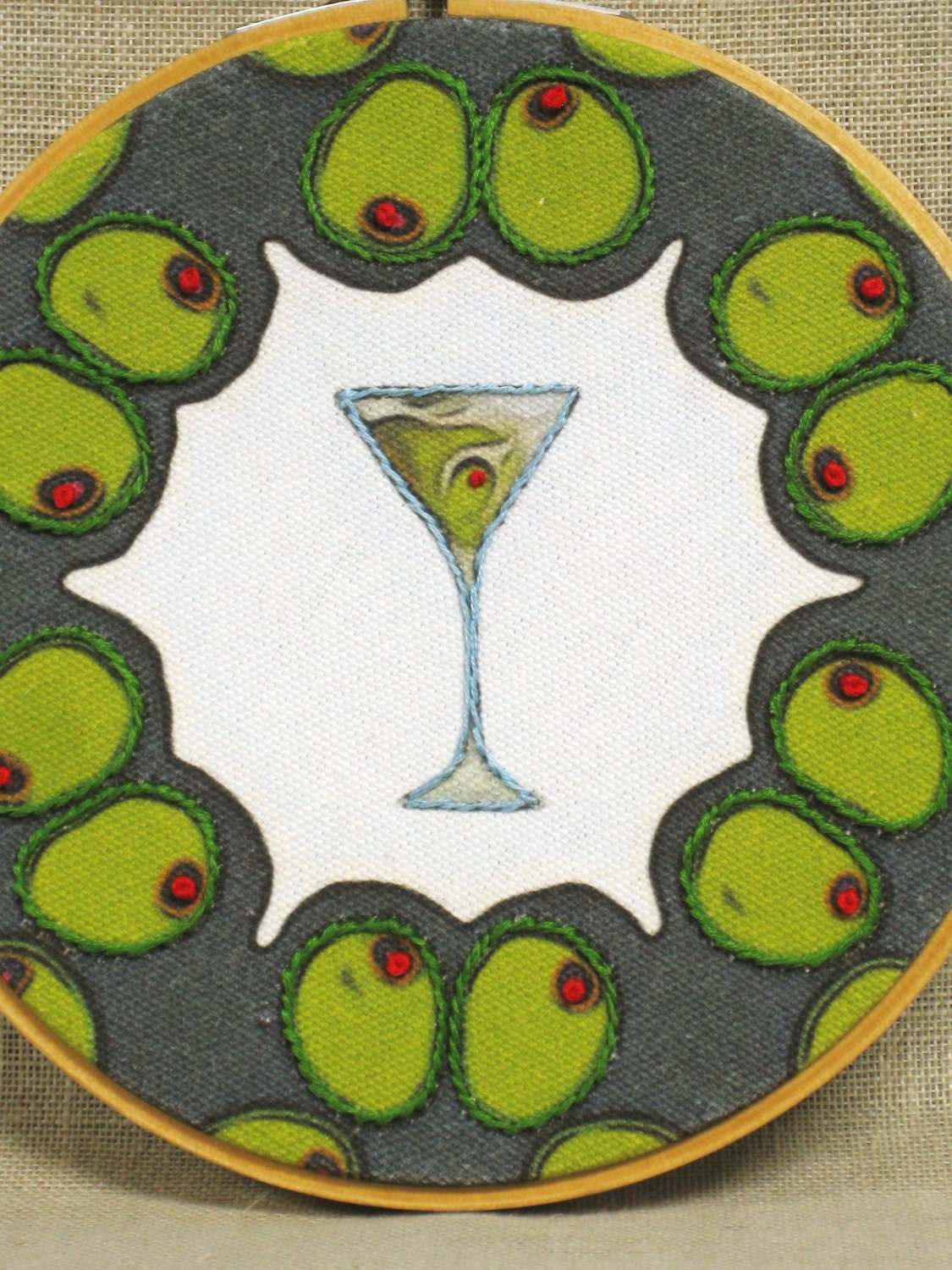 Hoop Art Embroidery Hand Stitched Sewn Martini Glass with Olives Bar