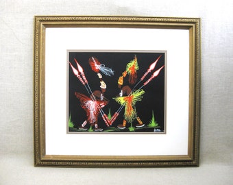 Colorful Folk Art Painting, Framed Original, Tribal Vintage Belgian Congo Exotic Wall Art Primitive Naïve Home Décor