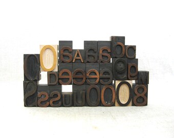 Letterpress Wood Block Numbers and Letters, 25 Pieces, Vintage Printing Assemblage and Mixed Media Supplies