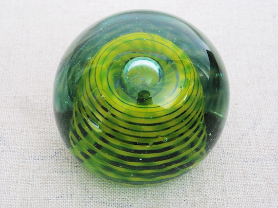 Vintage Paperweight Green Art Glass Big Marble Style Desk Accessory Signed and Dated