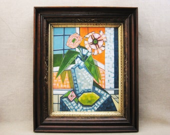 Original Pink Floral Still Life Painting Flower Wall Art Framed Original Room Interior Housewarming Wedding Present