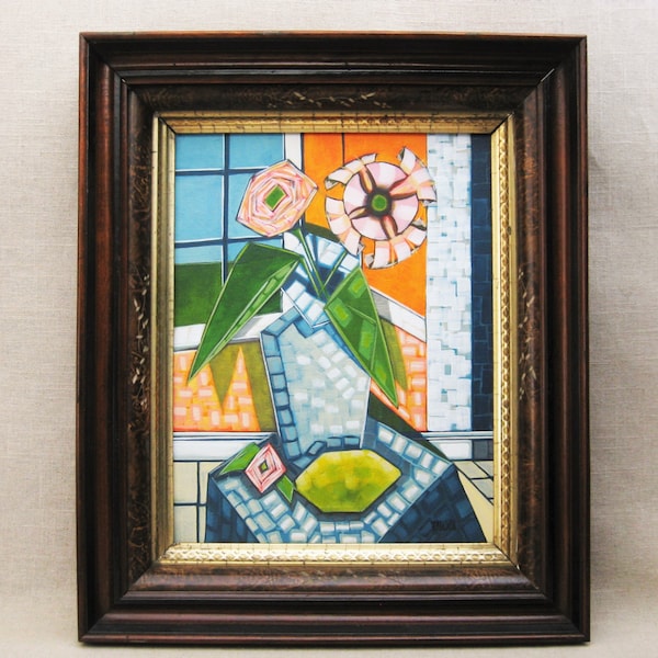 Colorful Pink Floral Still Life Painting, Original Framed Contemporary Art