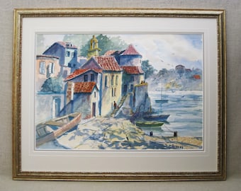 Vintage Coastal Landscape Watercolor Painting European Seaside Framed Original Fine Art
