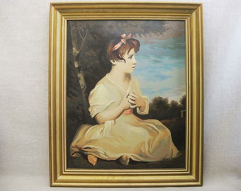 Vintage Female Portrait Paint By Number of Young Girl Framed in Aged Gold Frame Classical and Cottage Décor