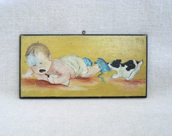 Original Male Baby Portrait on Wood Panel Puppy, Vintage Wall Art Nursery Home Décor and Gift