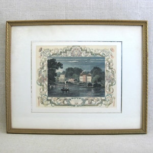 Framed Architectural Landscape, Hand Colored Fine Art Print, Vintage Wall Art Home Décor Housewarming Gift