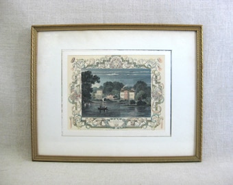 Framed Architectural Landscape, Hand Colored Fine Art Print, Vintage Wall Art Home Décor Housewarming Gift