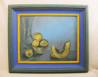 Mid-Century Still Life Painting Original Vintage Fruit Wall Art, Framed Modern Blue Dining Room Home Décor
