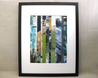 Contemporary Landscape Painting, Original Framed Wall Art Assemblage Collage Modern Home Décor
