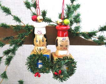 Folk Art Chef Cook Tree Ornaments Small Assemblage Christmas Sculpture Rustic Cabin Farm Holiday Décor