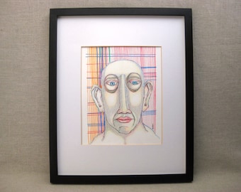 Contemporary Surreal Male Portrait Drawing, Framed Original Wall Art, Home Décor Housewarming Gift