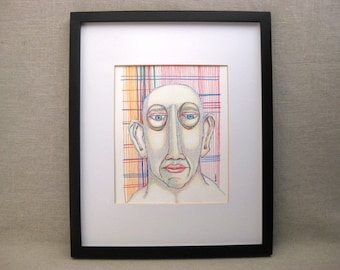 Surreal Male Portrait Drawing Framed Original Fine Art Contemporary Wall Décor Housewarming Gift