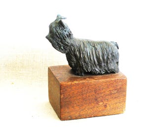 Bronze Dog Sculpture, Terrier Animal Figure, Canine Statue Figurine on Wooden Base, Original Fine Art