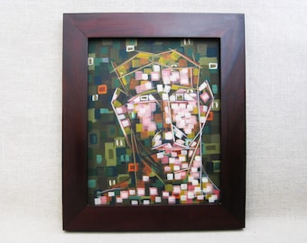 Abstract Male Portrait Painting Framed Original Fine Art on Wooden Panel Modern Pictures of Men Wall Décor Gift of Art