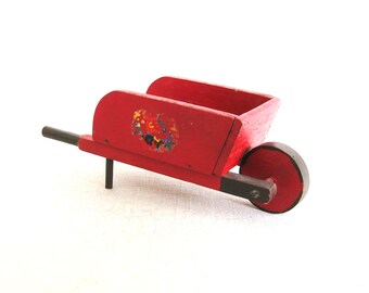 Miniature Wheelbarrow Folk Art, Vintage Wooden Red Garden Doll Size, Mid-Century Toys Cabin Farm Kitchen Décor
