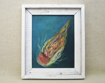 Original Squid Sea Creature Painting Jelly Fish Original Fine Art Framed Tropical Beach Wall Décor