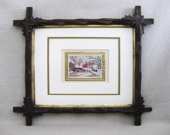 Vintage Miniature Tapestry Currier and Ives Framed Winter Landscape in Eastlake Frame