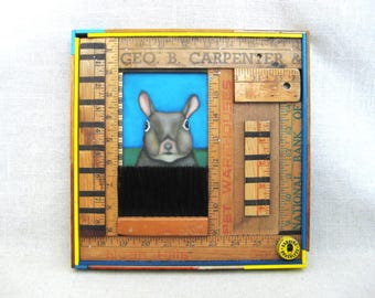 Original Squirrel Critter Painting, Framed Assemblage Wall Art