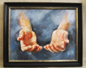 Vintage Helping Hands Painting, Anatomy Framed Original Fine Art Wall Décor, Mens Hands