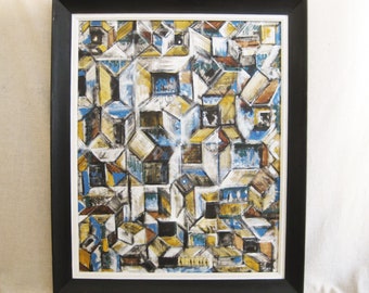 Large Abstract Painting, Framed Original Colorful Vintage Mid-Century Fine Art, Vicente Brito