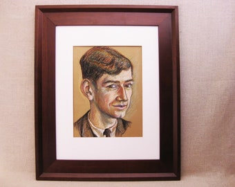 Vintage Male Portrait Drawing Framed Original Fine Art Pastel