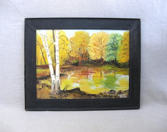 Colorful Fall Landscape Oil Painting Original Folk Art Style Framed Rustic Cabin Wall Art Home Décor