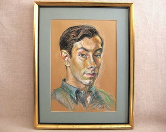 Masculine Mid-Century Male Portrait Drawing, Framed Original Fine Art Pastel Men Artful Gifts