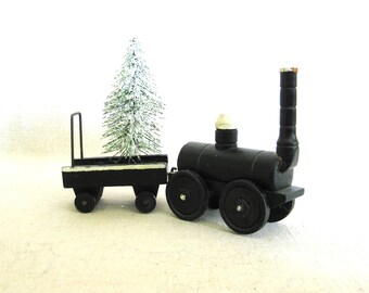 Folk Art Train Wooden Toy Sculpture, Vintage Primitive Toys For Nursery and Christmas Village