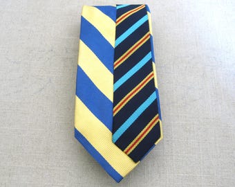 Blue Yellow Stripe Silk Tie, Men's J Crew, Hand Embroidered, Upcycled, Preppy