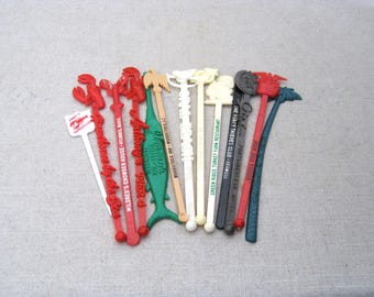 Tropical Swizzle Sticks, Colorful Vintage Cocktail Stirrer Colorful Mid-Century Barware