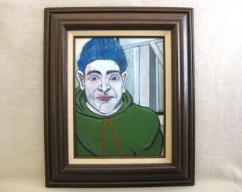 Urban Male Portrait Painting, Original Framed Man in Blue Hat Wall Art Home Décor