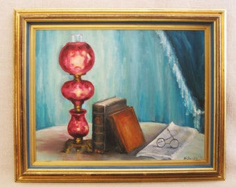 Large Colorful Still Life Painting, Original Interior Room, Framed Wall Art Vintage Victorian Style Home Décor