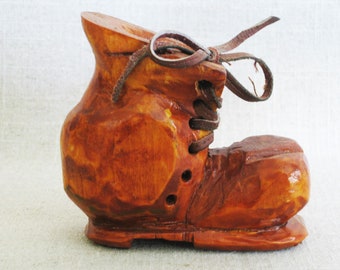 Vintage Wooden Shoe Folk Art Carving Boot Sculpture Miniature Primitive Rustic Cabin Décor