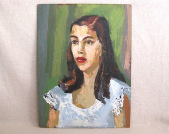 Vintage Female Portrait Painting of Young Woman Unframed Oil on Masonite Panel Large 18 x 24 Gift of Art