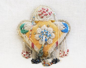 Vintage Folk Art Beaded Whimsy Native American Beadwork Heart Pin Cushion
