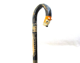 Animal Head Carved Folk Art Wooden Cane, Colorful Walking Stick, Mexico Souvenir