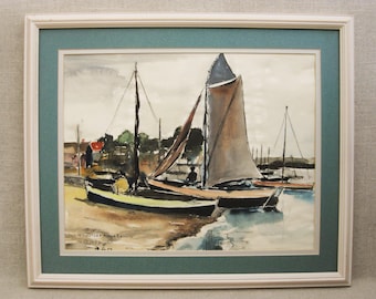 Mid-Century Beach Landscape Painting, Sail Boat Original Watercolor, Framed Coastal Wall Art