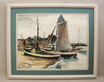 Vintage Boat Painting Watercolor Mid-Century Framed Original Fine Art Poland Beach House Décor