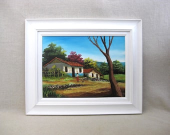 Colorful Tropical Landscape Painting, Original Framed Rural Island Architecture Wall Art