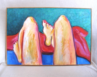 Surreal Female Portrait Oil Painting, Figurative Framed Original Legs and Feet Poolside