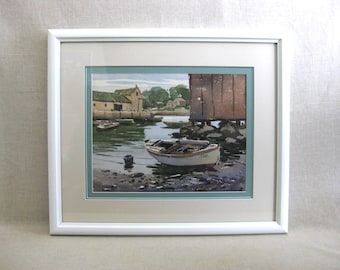 Vintage Seaside Landscape Painting, Framed Original Watercolor Boats on Harbor Shore, Beach House