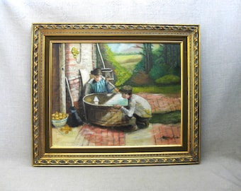 Child Male Portrait Painting Original, Framed Vintage Wall Art, Female Landscape, Framed in Gold Frame