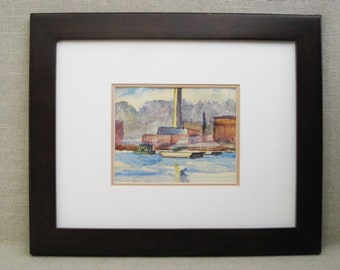 Vintage Landscape Painting Watercolor Urban Industrial Architecture Framed Original Fine Art Housewarming Gift